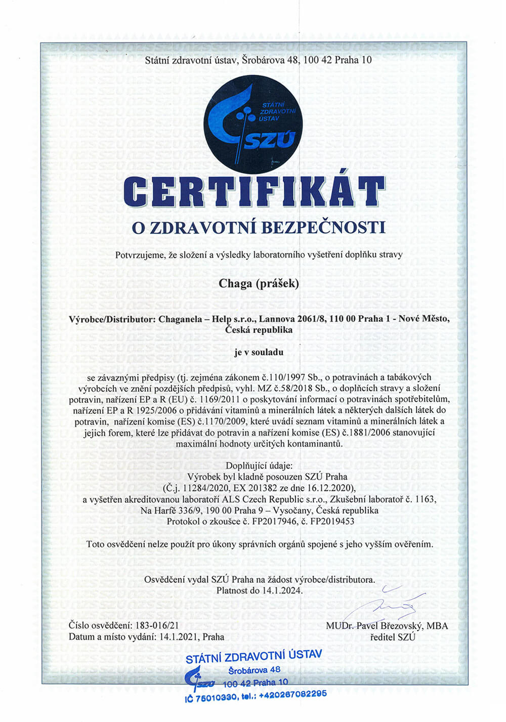 Certifikát o zdravotní bezpečnosti - Chaga (prášek)