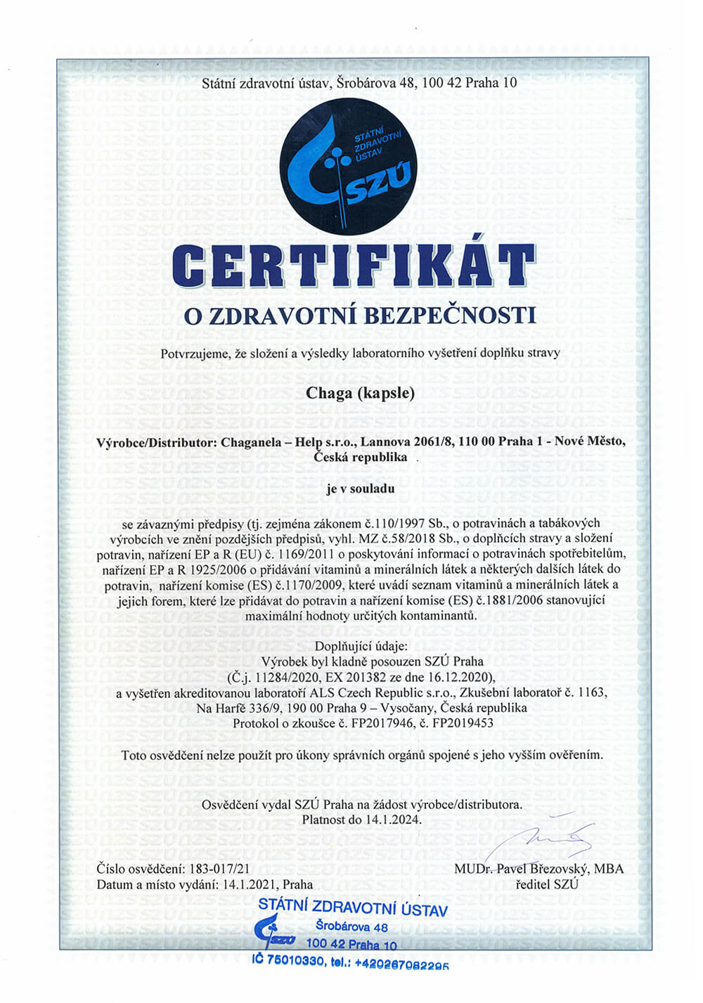 Certifikát o zdravotní bezpečnosti - Chaga (Kapsle)