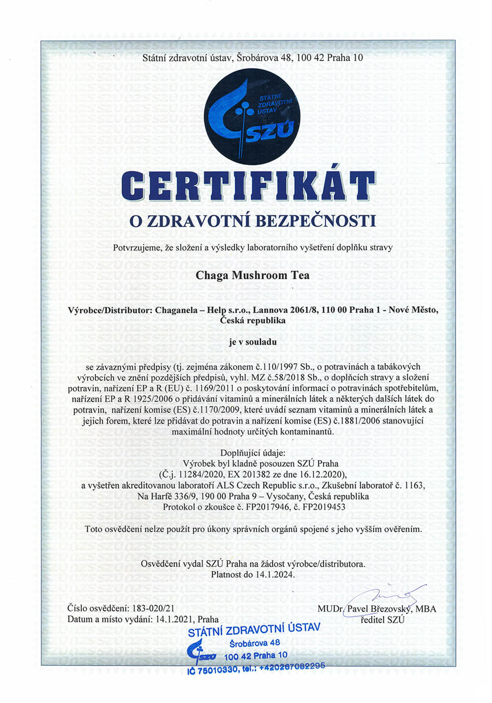 Certifikát o zdravotní bezpečnosti - Čaga (čaj)