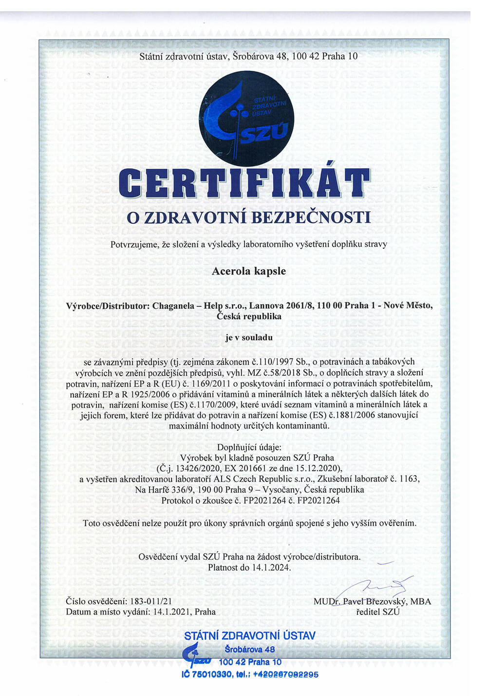 Certifikát o zdravotní bezpečnosti - Acerola (Kapsle)