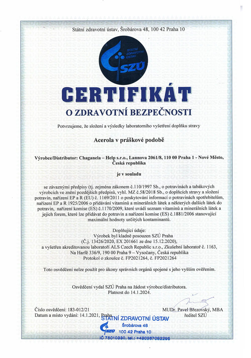 Certifikát o zdravotní bezpečnosti - Acerola (prášek)