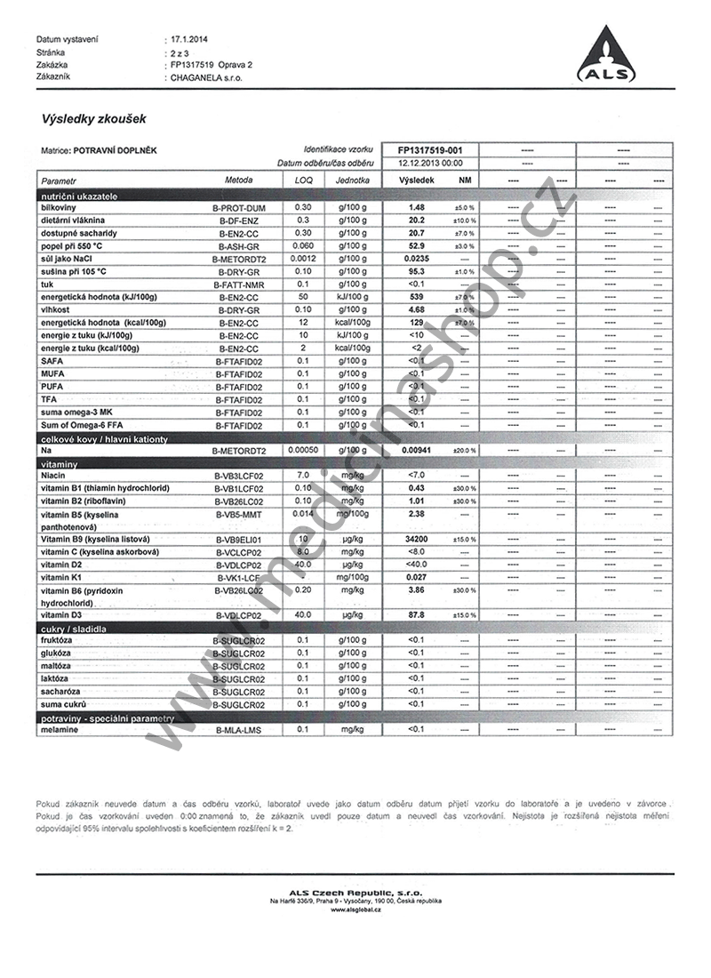 Rozbor vitamínů Chaganela extraktu (Certifikát)