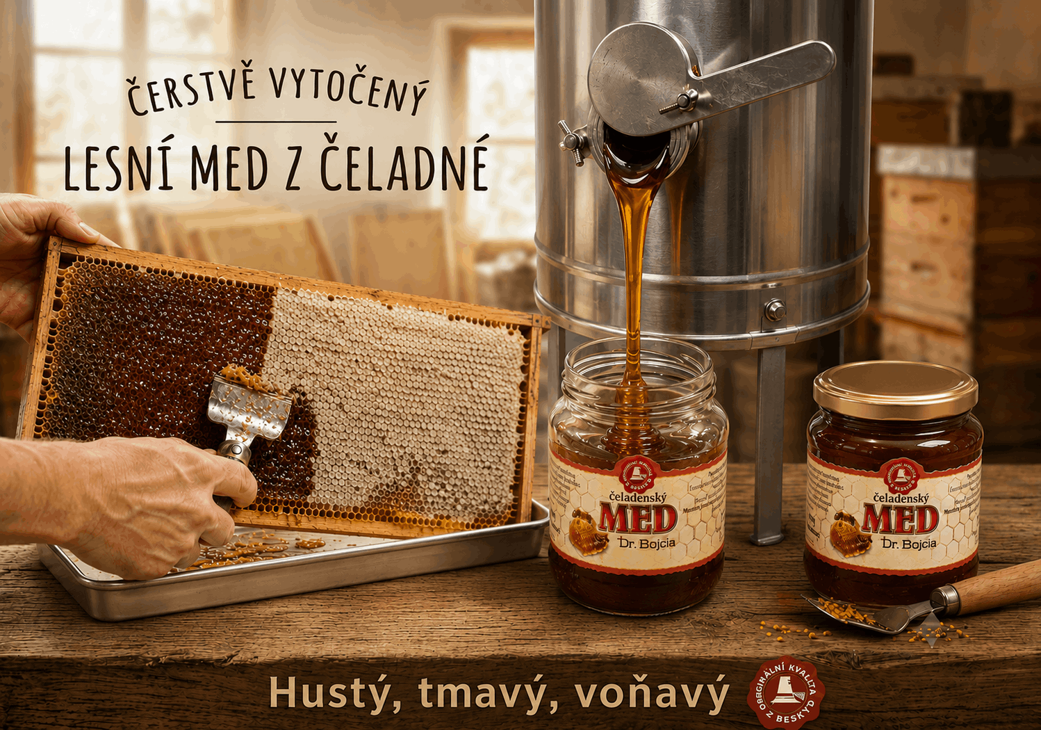 Čerstvě vytočený lesní Čeladenský med, Dr. Bojda