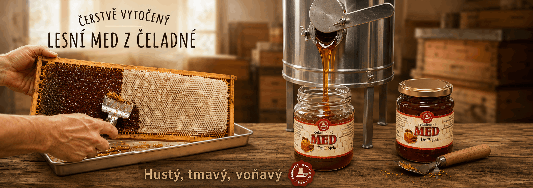 Čerstvě vytočený lesní Čeladenský med, Dr. Bojda