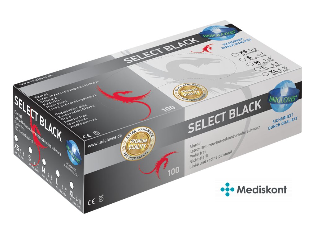 Rukavice latexové UNIGLOVES Select Black 300, 100 ks, černé, nepudrované - POŠKOZENÝ OBAL