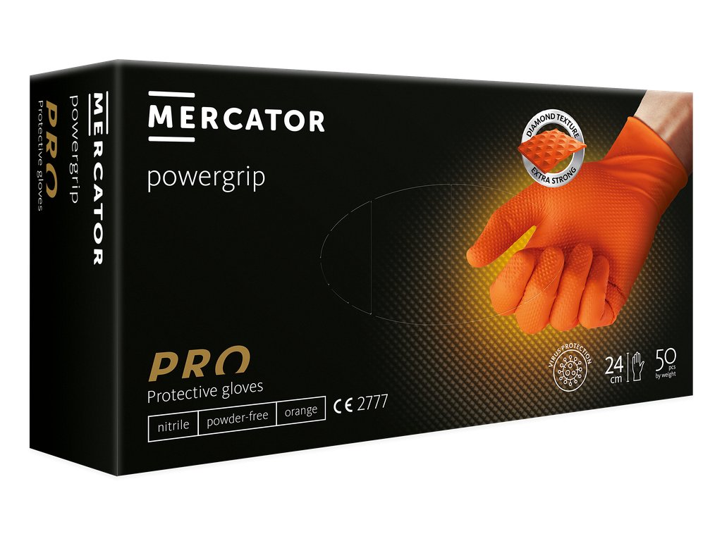 Levně Rukavice nitrilové Mercator Medical Powergrip, 50 ks, oranžové, nepudrované Velikost: M