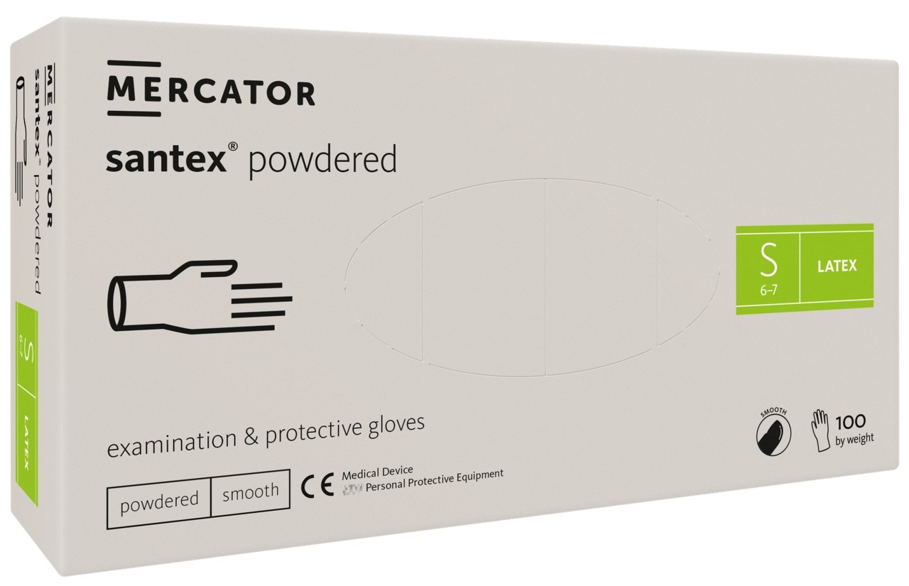 Rukavice latexové Mercator Medical Santex powdered, 100 ks, krémové, pudrované Rozměr: S