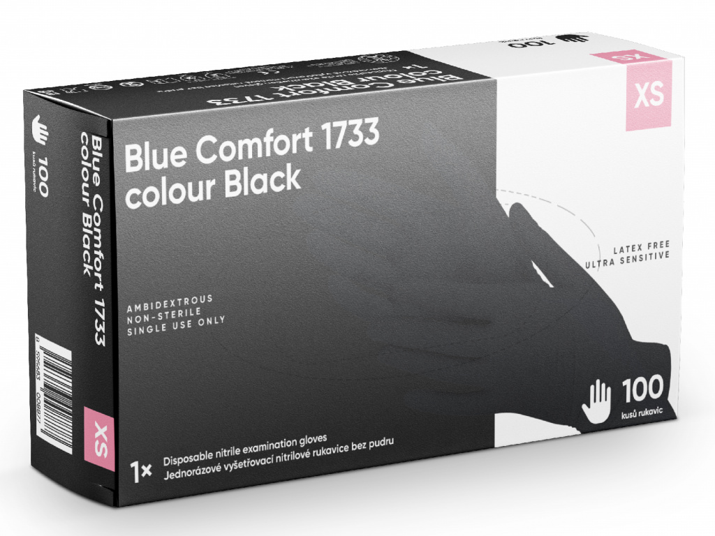 Levně Rukavice nitrilové Blue Comfort 1733 Colour, 100 ks, černé, nepudrované Rozměr: XS