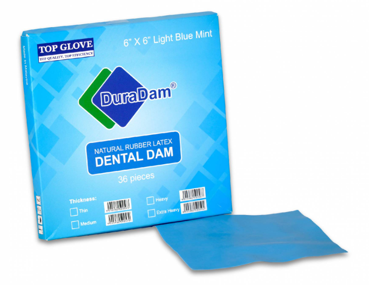 Levně TOP GLOVE Latexová blána Dental Dam, 52 ks, 12.7 x 12.7 cm, máta Barva: Světle modrá