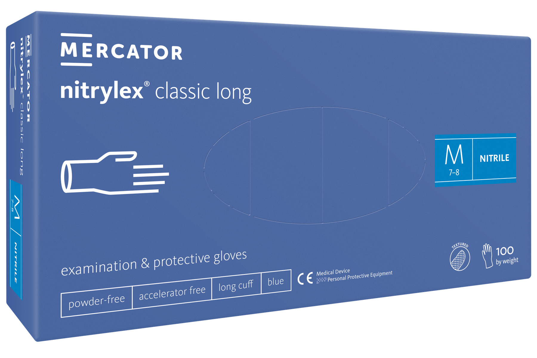Levně Rukavice nitrilové prodloužené Mercator Medical Nitrylex Classic Long, 100 ks, modré, nepudrované Rozměr: M