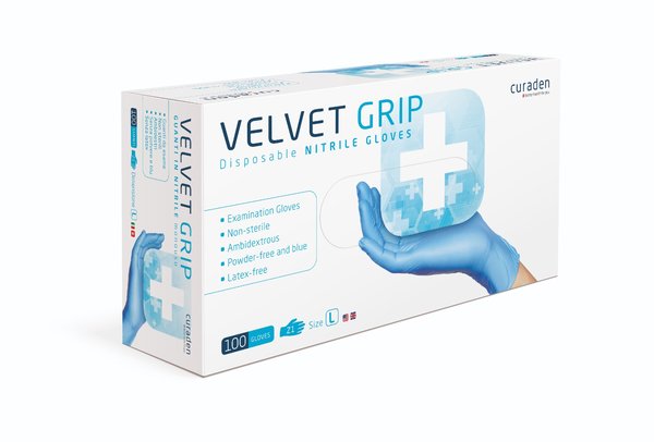 Levně curaGRIP Rukavice nitrilové Velvet Grip, 100 ks, modré, nepudrované Rozměr: L