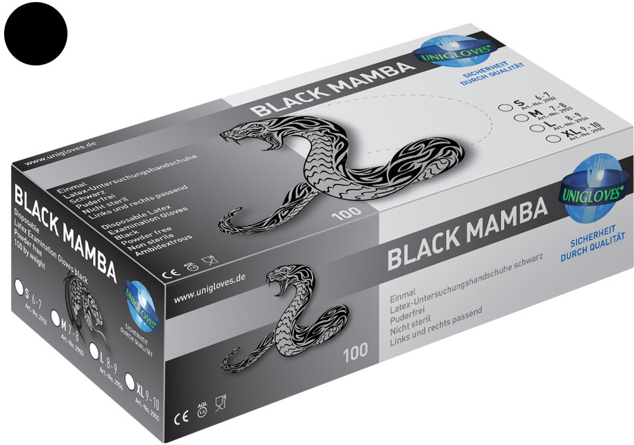 Rukavice latexové Unigloves Black Mamba, 100ks, černá, nepudrované Rozměr: S