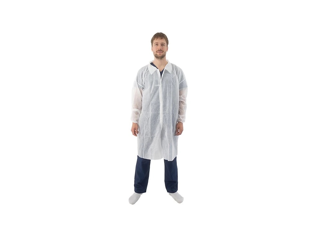 Jednorázový laboratorní plášť Mercator Medical, s druky, bílý, 10 ks