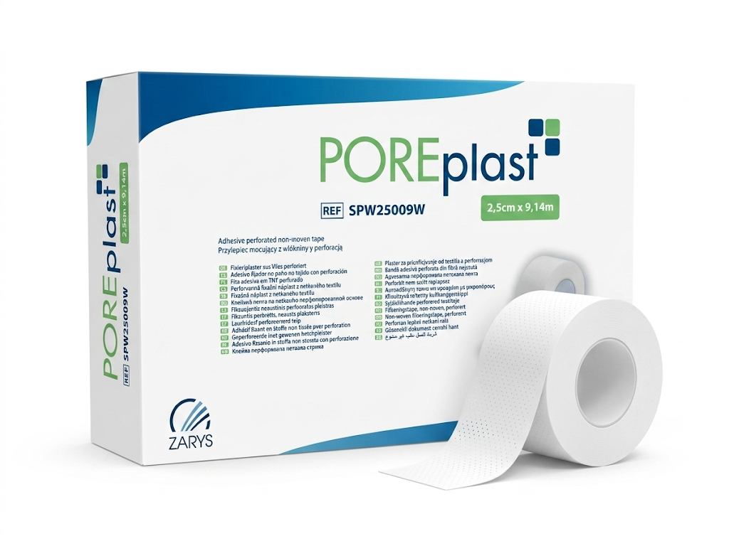 Zarys POREplast adhezivní perforovaná netkaná páska, bílá 2,5 cm x 9,14 m, nesterilní, 12 ks