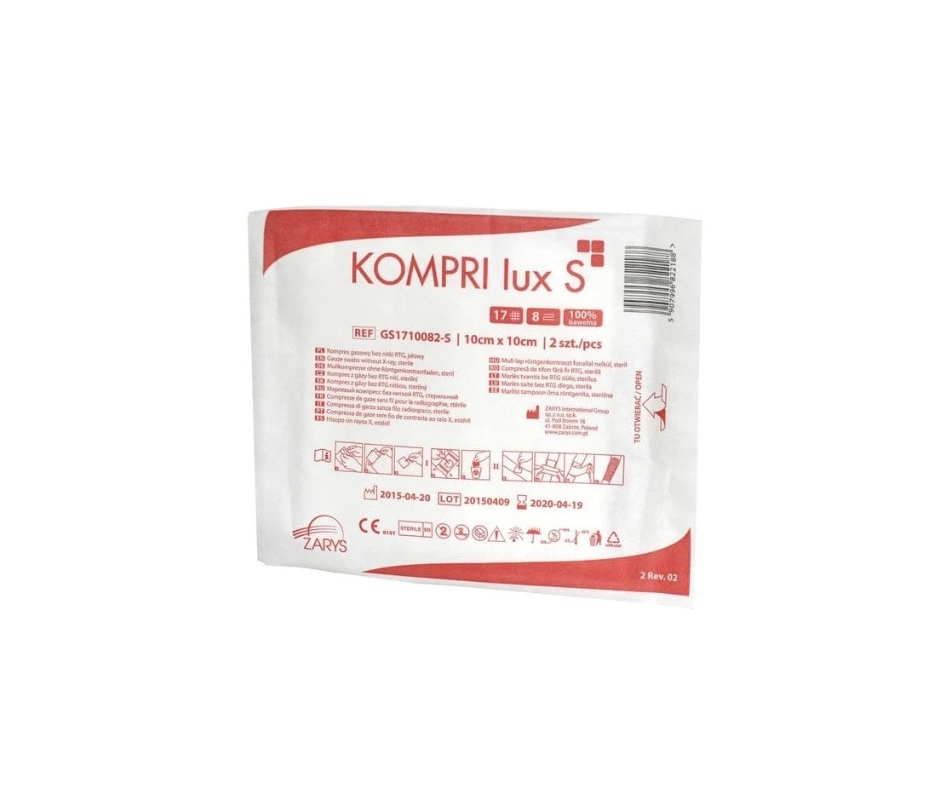 Zarys KOMPRI lux S - gázová komprese, 17N, 8W, 10 cm x 10 cm, sterilní Počet kusů v balení: 1 ks