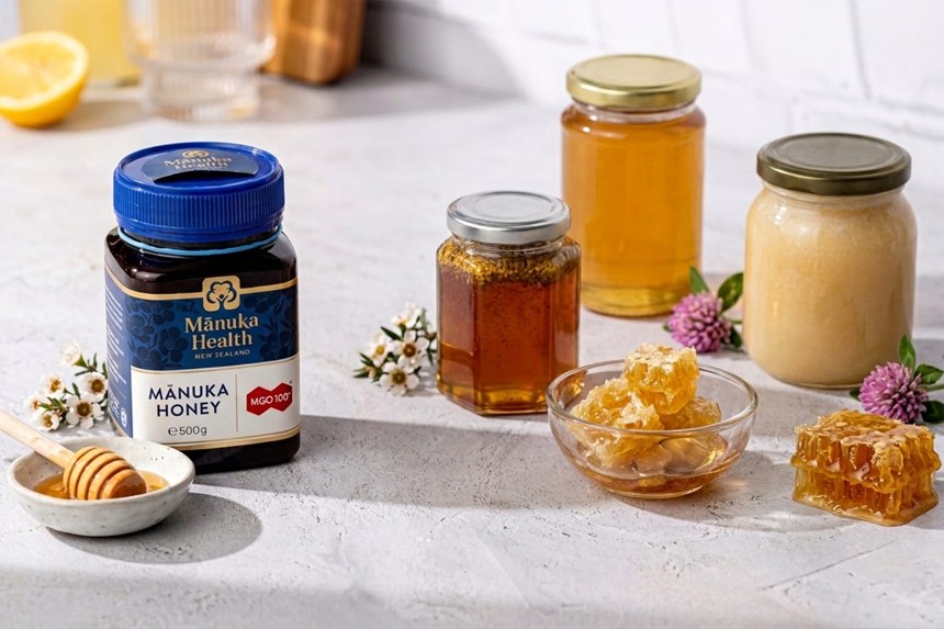 Různé druhy medu včetně medu Manuka