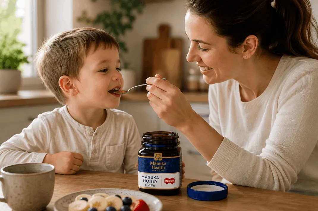 Maminka dává synovi lžičku medu Manuka MGO 100+ u snídaně