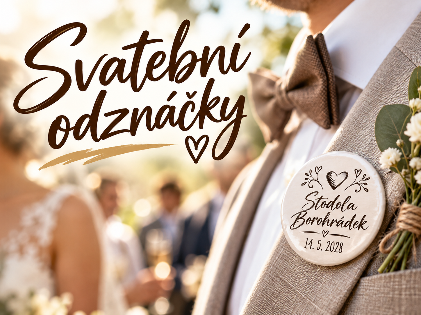Svatební odznáčky místo svatebních vývazků s vlastním potiskem. Ihned skladem