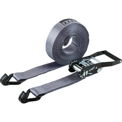 Upínacie popruhy s račňou a U-hákmi, 50 mm × 10 m, nosnosť 5000 kg, sivé (2-dielne)