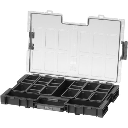 Úložný box L s priehľadným vekom 531 x 379 x 77 mm, 12 multifunkčných priehradiek