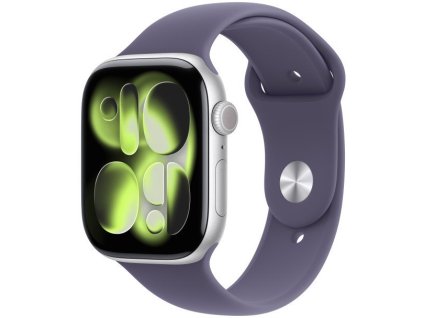 apple watch series 11 gps cellular 42mm silver aluminium case with purple fog sport band s m ien563004