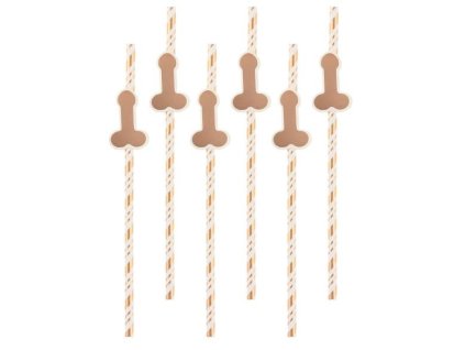 Slámky - papírové brčka s penisem - růžovozlaté (rose gold ) 6 ks - Rozlučka se svobodou