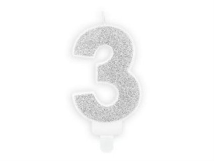 Narozeninová svíčka 3, stříbrná, 7cm
