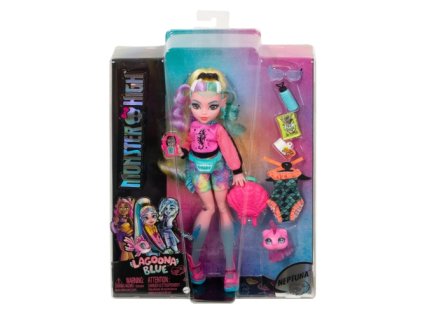 Mattel - Bábika Monster High Lagoona Blue s farebnými pruhovanými vlasmi a zvieratkom Piranha / od Assort
