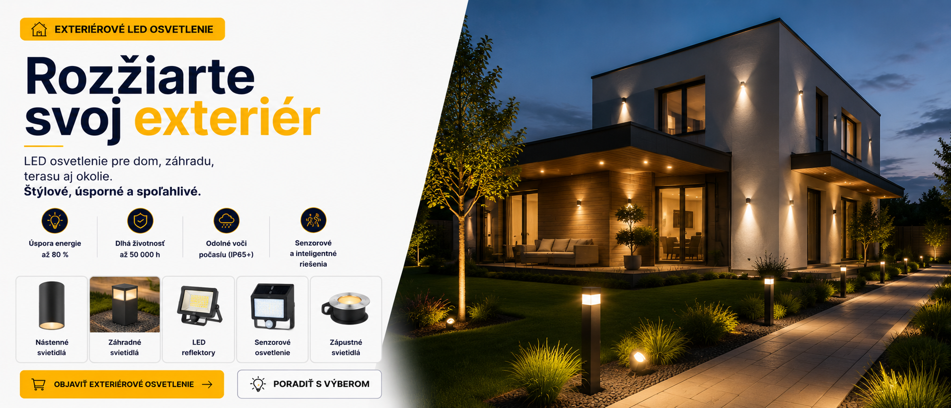 Exteriérové LED osvetlenie pre dom a záhradu – nástenné, záhradné, senzorové a zápustné svietidlá a LED reflektory
