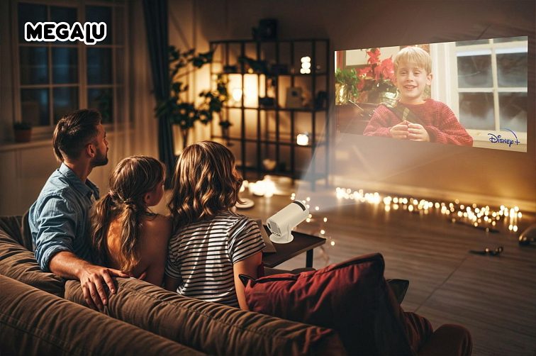 Rodina sleduje film na obraze z projektoru MEGALU Profesionál v obývacím pokoji