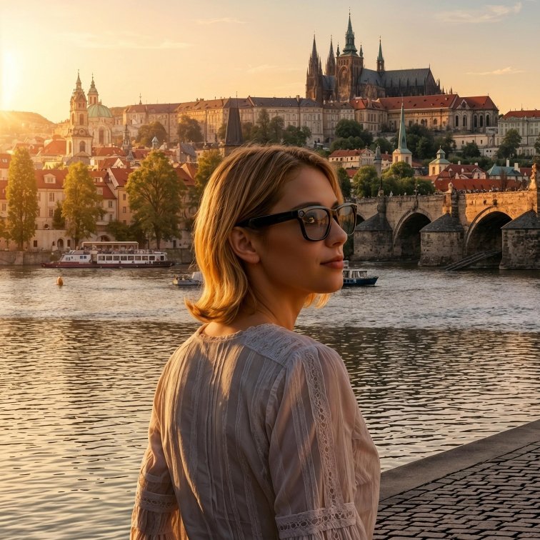 Žena v chytrých brýlích u Vltavy s výhledem na Pražský hrad