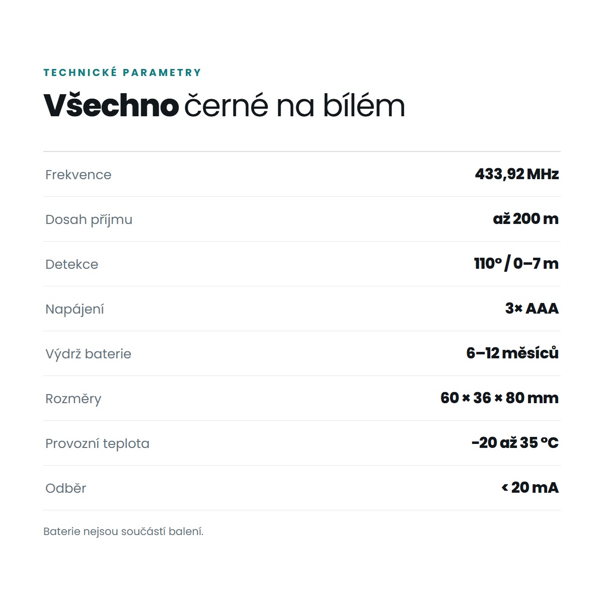 Technické parametry přídavného PIR čidla MEGALU Strážce – 433,92 MHz, 3× AAA, 60 × 36 × 80 mm