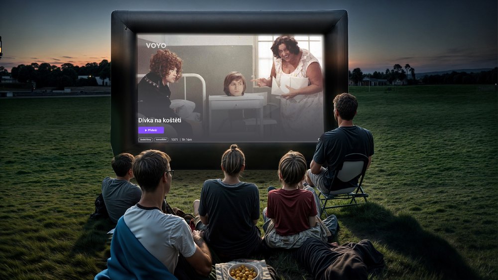 Rodina sleduje film na nafukovacím plátně MEGALU