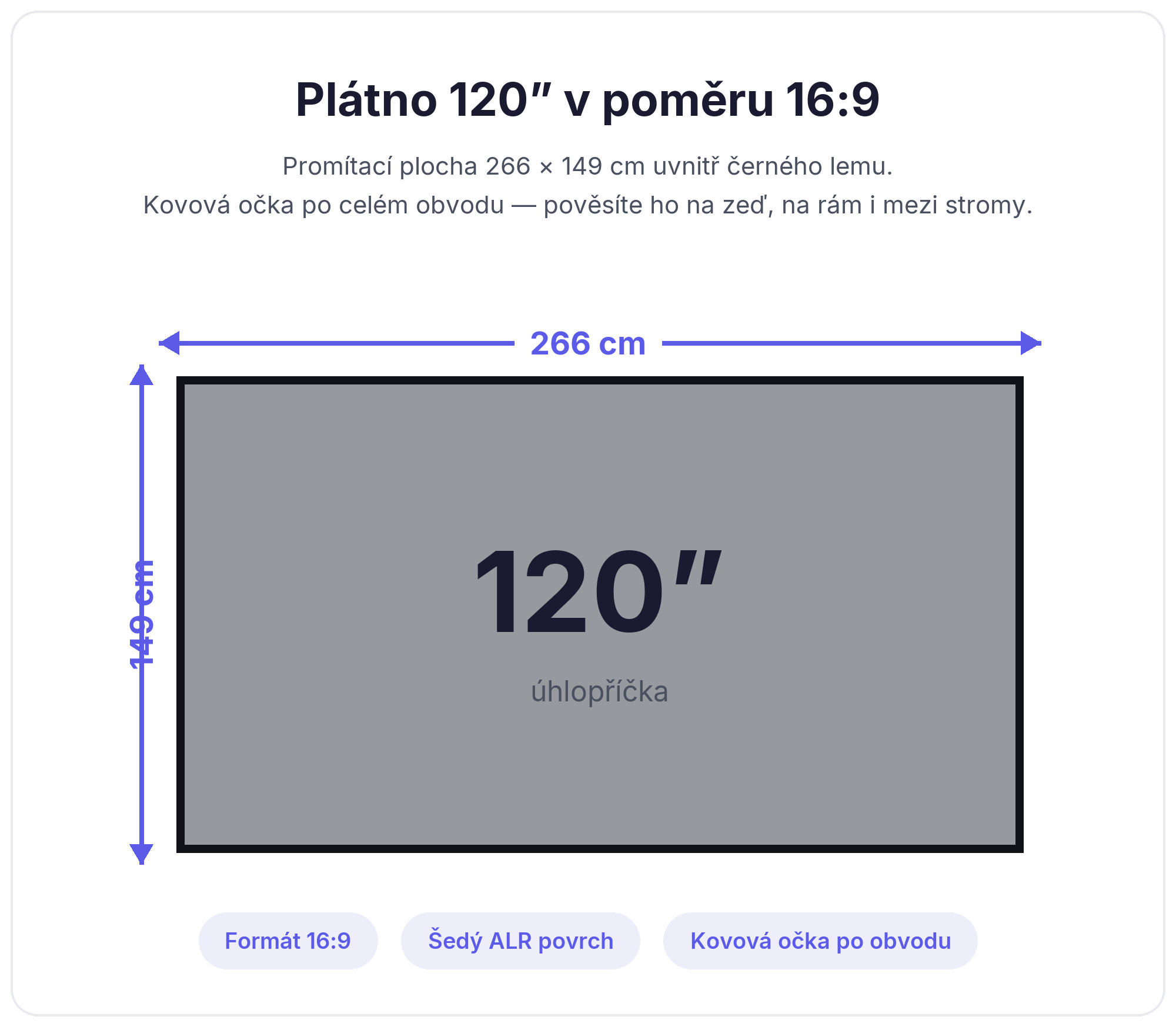 Rozměry projekčního plátna MEGALU 120 palců: 266 × 149 cm v poměru 16:9
