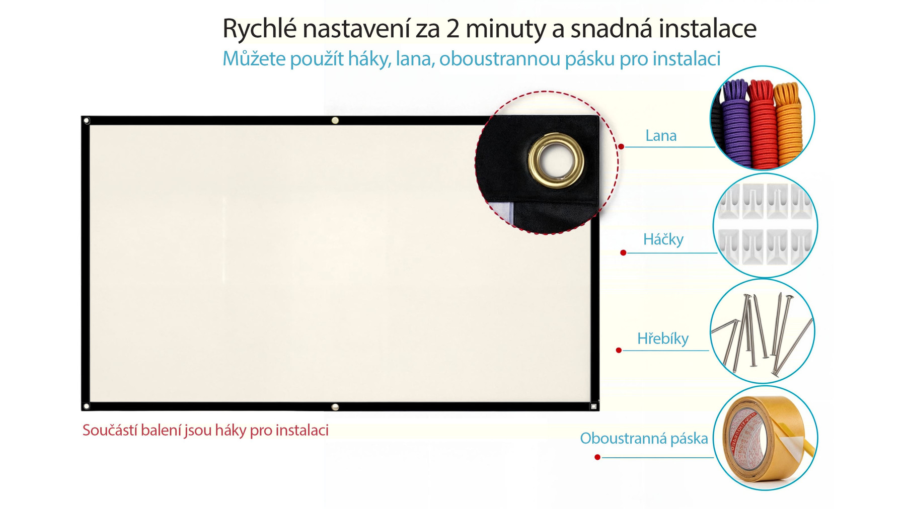 Způsoby uchycení projekčního plátna MEGALU pomocí oček