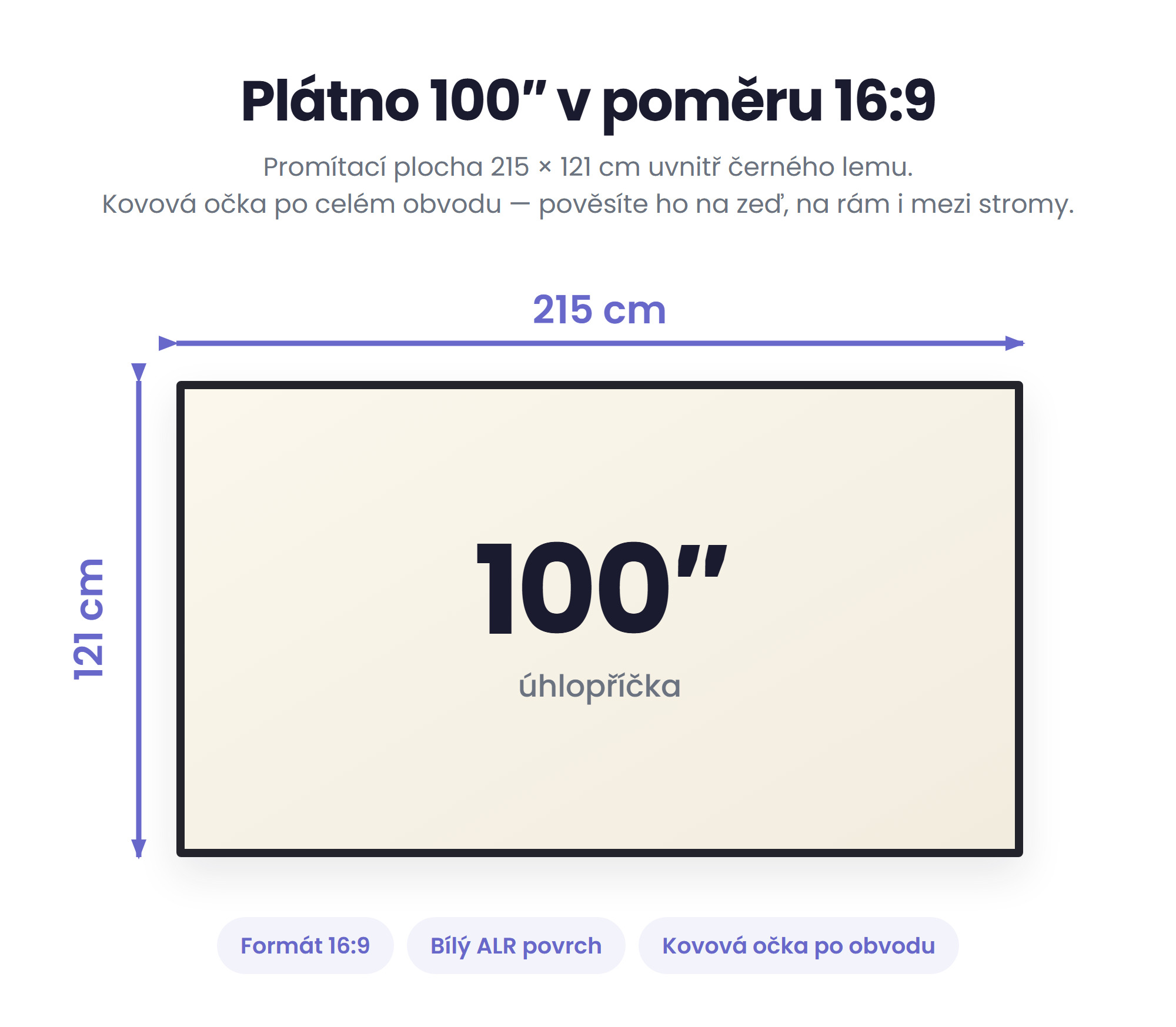 Rozměry projekčního plátna MEGALU 100 palců: 215 × 121 cm v poměru 16:9