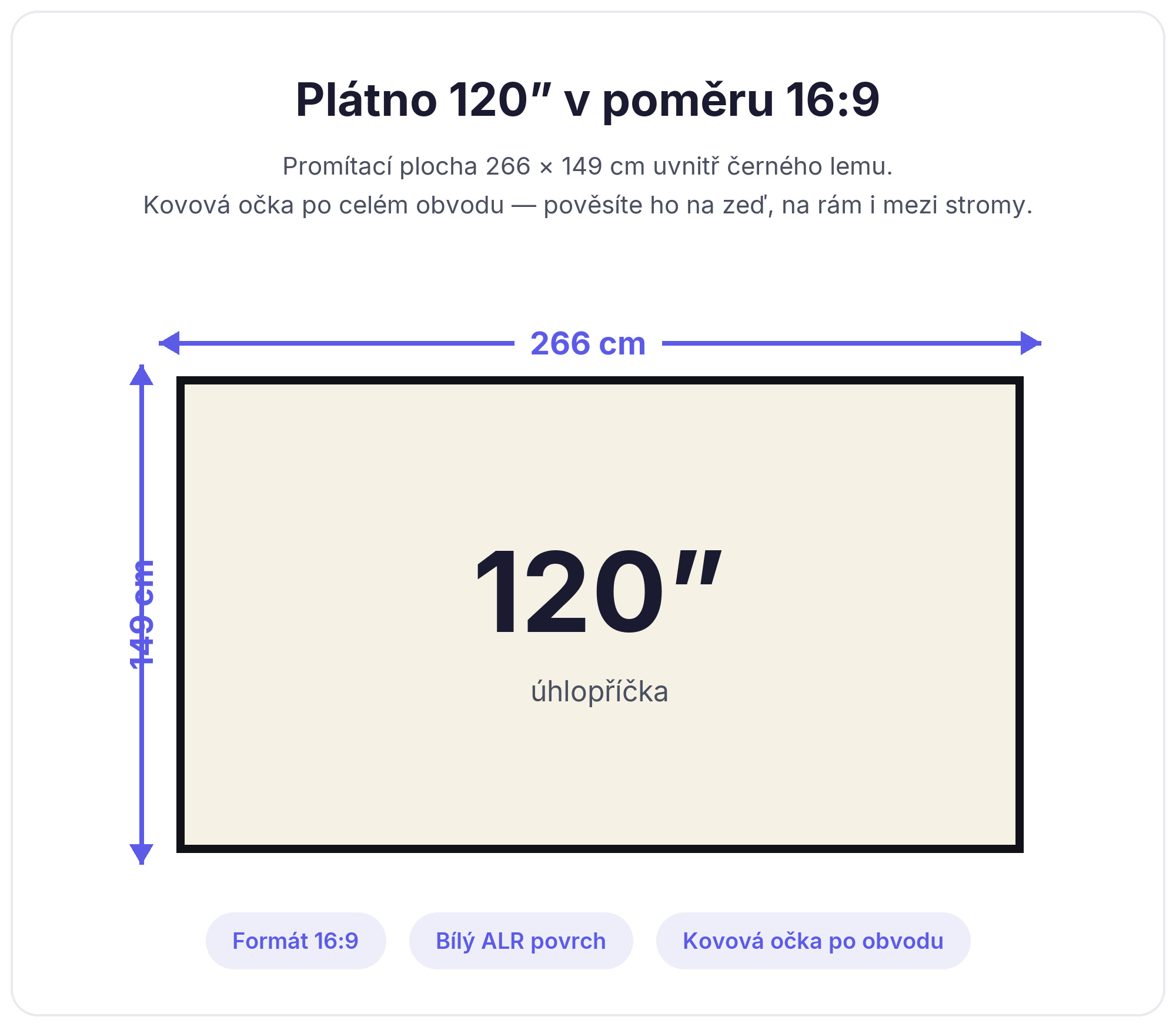 Rozměry projekčního plátna MEGALU 120 palců: 266 × 149 cm v poměru 16:9