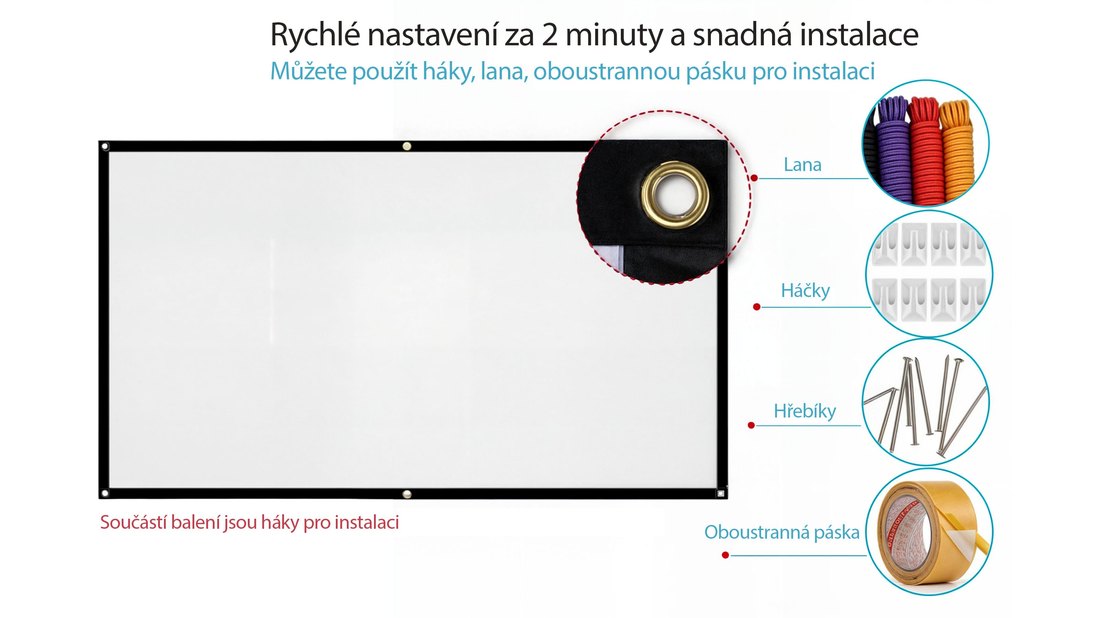 Způsoby uchycení projekčního plátna MEGALU pomocí oček