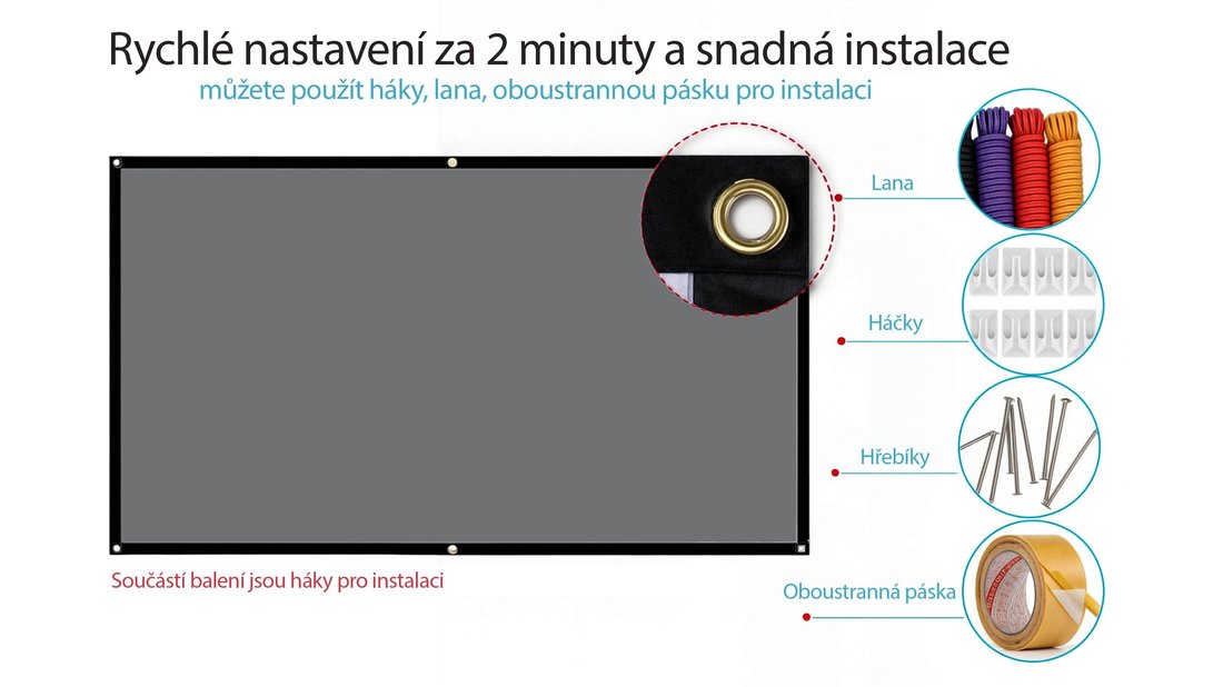 Šedé ALR projekční plátno MEGALU a způsoby jeho uchycení