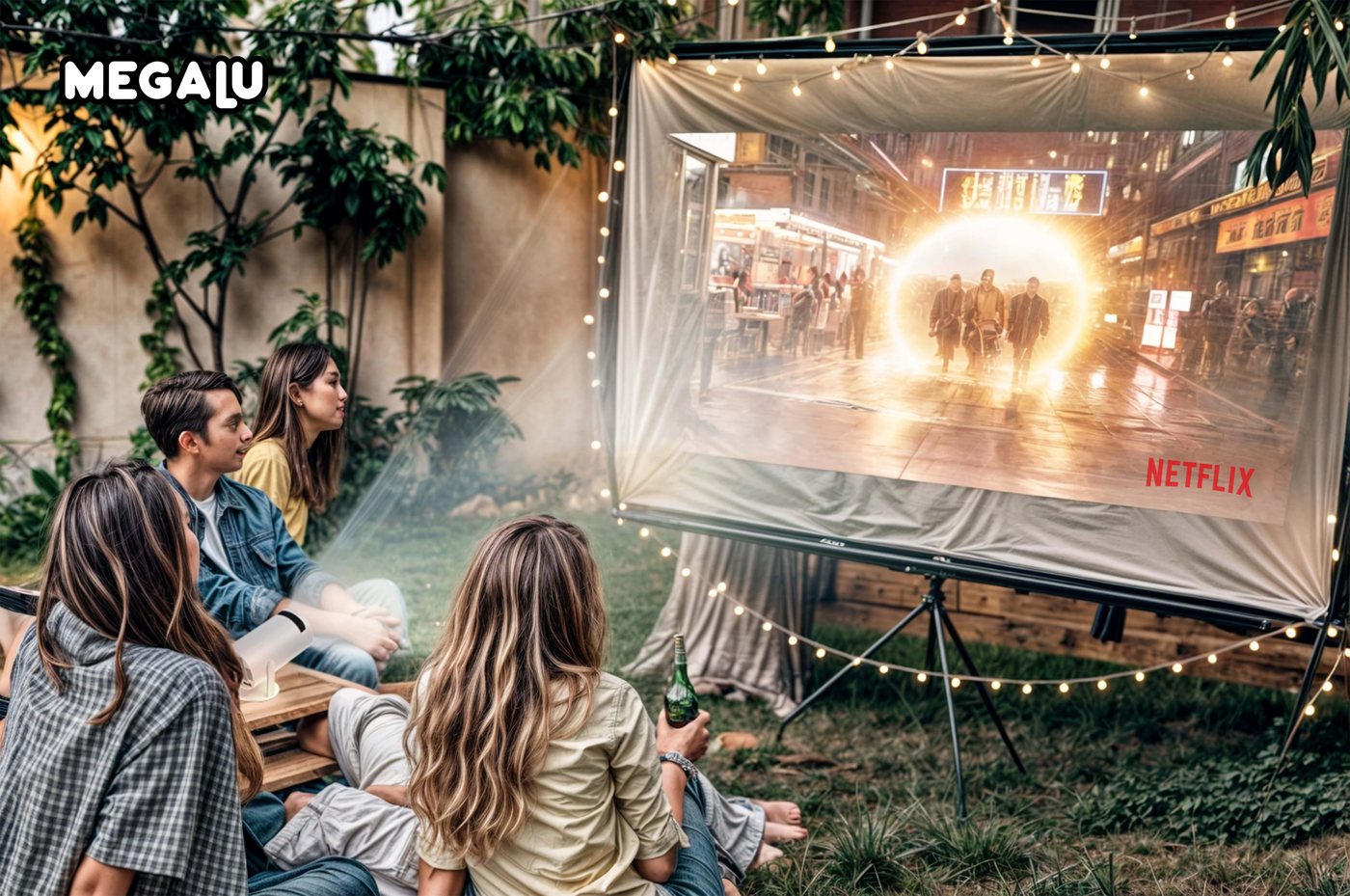 Promítání filmu na velké plátno na zahradě