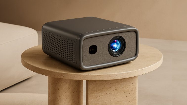 Projektor MEGALU Supreme na dřevěném stolku v obývacím pokoji