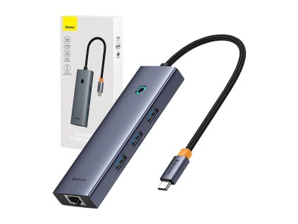 93851 rozbocovac 4v1 baseus ultrajoy usb c do 3x usb 3 0 rj45 siva