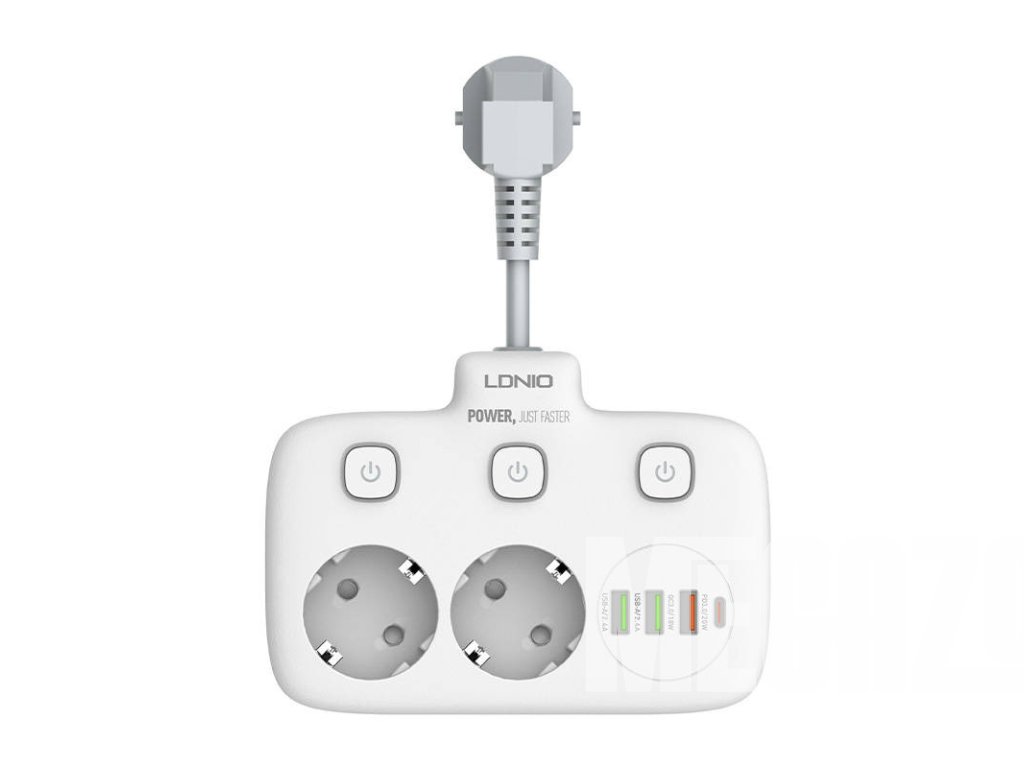 Napájacia lišta s 2 zásuvkami AC, 3x USB, USB-C, LDNIO SE2435, 2500W (biela)