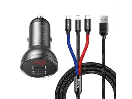 Baseus nabíjačka do auta s 24W displejom + kábel USB 3v1 Baseus Tri základné farby 1,2 m