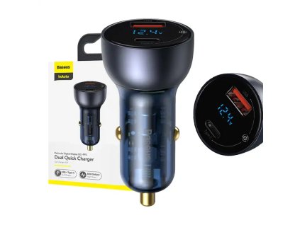 Baseus Particular Digital Display nabíjačka do auta s displejom, USB + USB-C, QC3.0+PD, 5A, 65W (sivá)