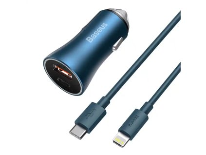 Baseus Golden Contactor Pro nabíjačka do auta, USB + USB-C, QC4.0+, PD, SCP, 40W (modrá) + kábel USB-C na Lightning 1m (modrý)