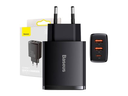 Kompaktná rýchlonabíjačka Baseus, 2xUSB, USB-C, PD, 3A, 30W (čierna)