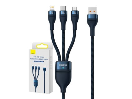 USB kábel 3v1 Baseus Flash Series, USB-C + micro USB + Lightning, 100 W, 1,2 m (modrý)