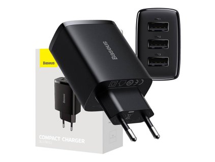 Kompaktná rýchlonabíjačka Baseus, 3x USB, 17 W (čierna)