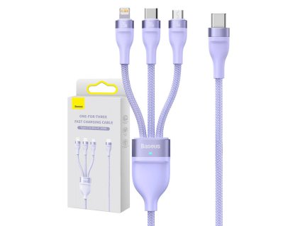 Kábel USB 3 v 1 Baseus Flash Series 2, USB-C + micro USB + Lightning, 100 W, 1,5 m (fialový)